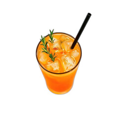 Iced orange juice drink with rosemary garnish.