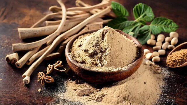 Ashwagandha Powder and Roots in Wooden Bowl on Rustic Table