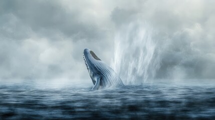 Fototapeta premium blue whale breaches the surface, expelling a mighty spout of water into the air