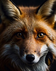 Fototapeta premium Close up portrait of orange fox with expert composition and dark moody backdrop