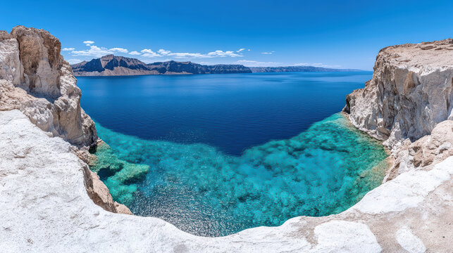 Breathtaking panoramic view of serene blue sea and rocky cliffs