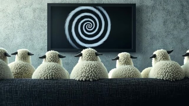 Sheep Watching Hypnotic Spiral on TV Brainwashing Concept