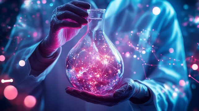 Abstract blue lab tubes with bubbling liquid create a scientific background concept