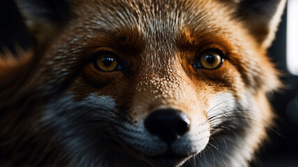 Fototapeta premium Detailed shot of a beautiful orange fox in professional quality photo with dark ambiance