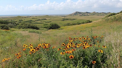 Wildflowers in bloom across a vast prairie landscape.