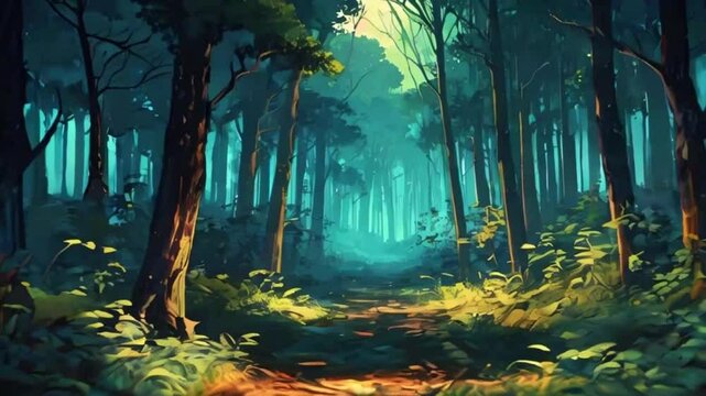A forest where trees whisper secrets to glowing forest sprites, their leaves turning into fluttering lights, 2D flat anime style illustration, 4k landscape animation video