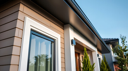 Fototapeta premium Residential Exterior with Brown Siding, White Window Frames, and Dark Gray Gutters