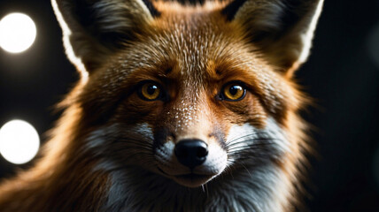 Dramatic professional portrait of an orange fox with muted dark background setting