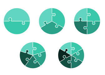Set of circular puzzle chart diagrams. Circles puzzle cut separated on2,3, 4,5, 6, with fill middle,simple flat design vector illustration.