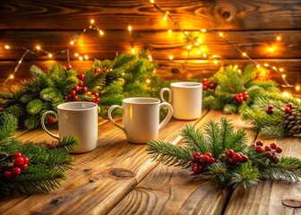 Rustic Christmas Table Setting: White Cups & Garland on Wooden Table