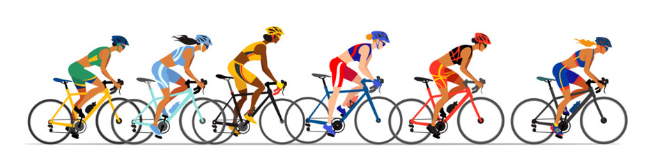 Female cyclists, international women's cycling races colorful vector illustration.