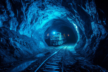 Coal mine with mining machine on railway. Dark underground tunnel illuminated in blue light