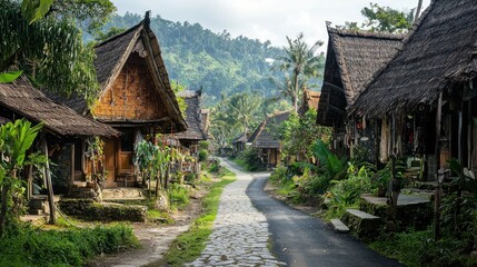 Traditional Village Houses Line A Scenic Road Through Lush Greenery