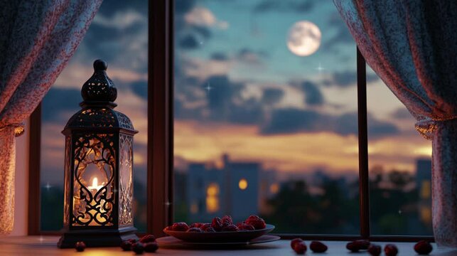 Ramadan night view from the window with lantern under the moon copy space.
