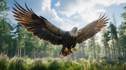 Fototapeta premium Majestic bald eagle in flight over a lush green forest, sunlight illuminating its wings.