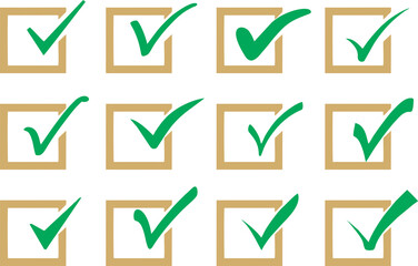 Check mark right or correct icons in box with transparent background. Different style checklist designs. Check-mark icon for voting, approval, selection, business, office, poster, and web designs.