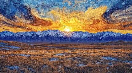 Vibrant sunset over snow-capped mountains and golden plains, artistic rendering.