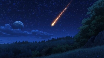 Night sky with shooting star over forest and planet.