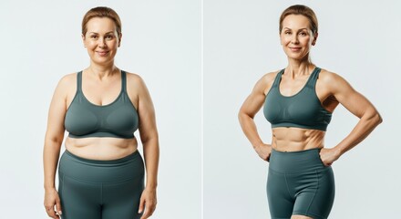 Transformation journey of mature caucasian female through fitness and wellness