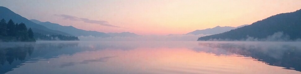 Fototapeta premium Tranquil lake surface reflects misty dawn sky with subtle ripples, calm, soft
