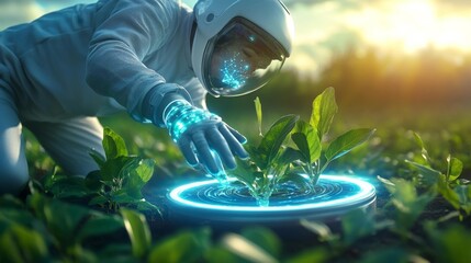 Futuristic Digital Agronomist with Holographic Data Analyzing Smart Crops. Generative AI