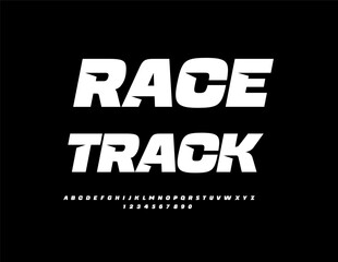 Vector trendy logo Race Track, Unique Futuristic Font. Cool Digital Alphabet Letters and Numbers set.