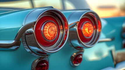 Two iconic tail lights of a classic vintage car gleam brightly as the sun sets, highlighting chrome details and the aqua blue exterior