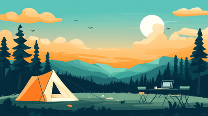Camping scene with tent and laptop in nature