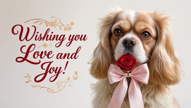 Adorable dog with rose and ribbon for love and joy greeting card
