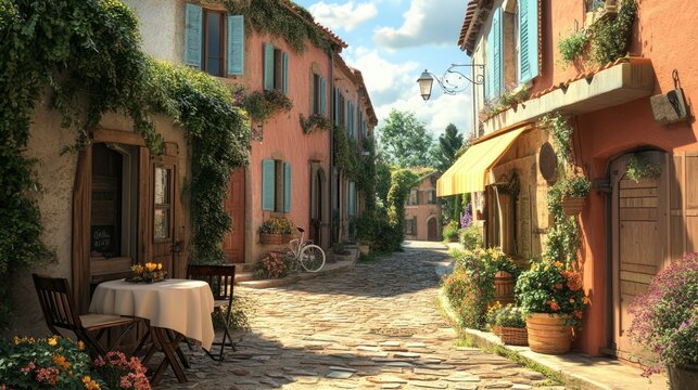 Fototapeta Narrow cobblestone street in a charming European village with yellow and beige stone buildings