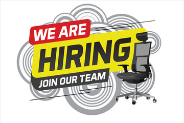 Hiring recruHiring recruitment design for banner poster. We are hiring join our now lettering with chair icon logo sign Vector illustration typographic. Open vacancy template

