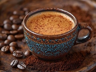 Exotic Turkish Coffee Cup with Decorative Patterns and Roasted Grounds