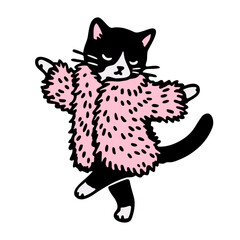 cat dressed in a pink fur coat funny character sketch