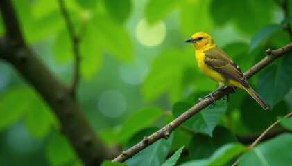 Yellow bulbul perched on a branch with lush green leaves, forest floor, yellow bird