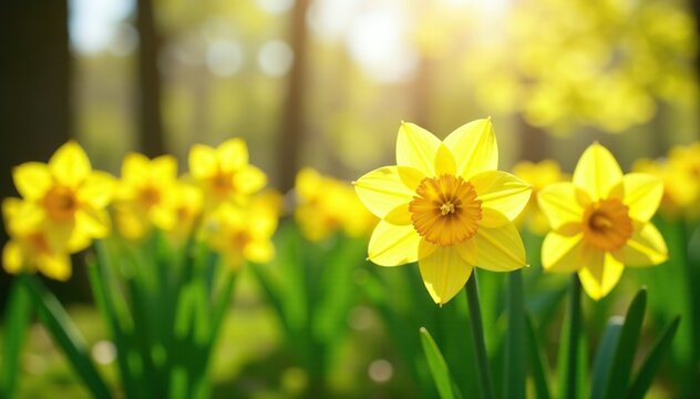 Yellow daffodils in a bright and cheerful landscape,, springtime