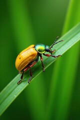 Naklejka premium Yellow green beetle crawling on a blade of grass, insects, insect, bug