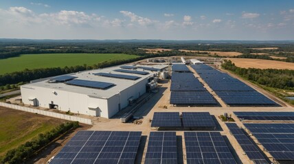 Solar Farm and Modern Factory: An Aerial View of Sustainable Energy