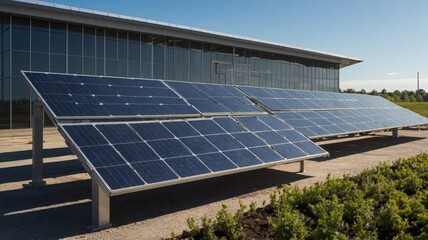 Solar Panels: Modern Building, Clean Energy, Bright Sunlight