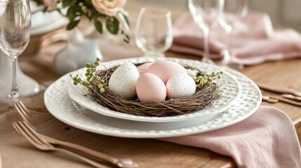 Pastel Easter eggs in a bird's nest centerpiece on a rustic table setting.