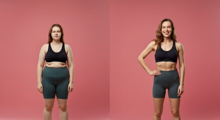 Women's fitness journey inspiration with positive body image on a pink background