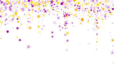 Inspiring stars outburst vector background. Birthday decor elements in purple yellow colors. Fireworks star shapes pattern. Joy concept. Cosmic shimmer.