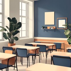 A modern classroom with desks, chairs, and plants, designed for learning and collaboration.