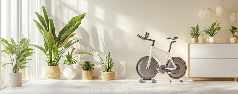 Fitness room Home gym with plants and modern exercise bike decor