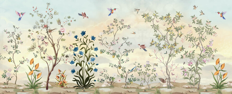 Vintage garden tree floral seamless pattern white background. Botanical chinoiserie wallpaper, Watercolor Background.