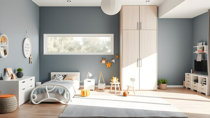 Interior of modern minimalist children's room. Generative AI