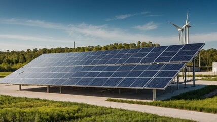 Serene Solar Panels: A Ground-Mounted Array Under a Blue Sky