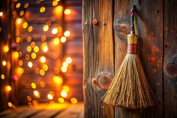 Rustic Wooden Broom Hanging on Wall, Bokeh Background - Vintage Home Decor Stock Photo
