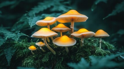 Fototapeta premium A conceptual banner showcasing glowing mushrooms in nature, symbolizing their role in health and vitality with bold text