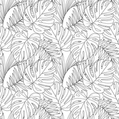 Tropical Plants Background. Tropical Seamless Pattern Trendy graphics. Tropical Flowers and Leaves Line Art. Tropical flowers seamless pattern