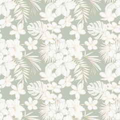 Tropical Plants Background. Tropical Seamless Pattern Trendy graphics. Tropical Flowers and Leaves Line Art. Tropical flowers seamless pattern